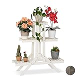 Relaxdays Blumentreppe aus Holz, 3 Stufen mit 5 Ablagen, Shabby Chic, innen, HBT: 83 x 83 x 28 cm, Blumenregal, weiß